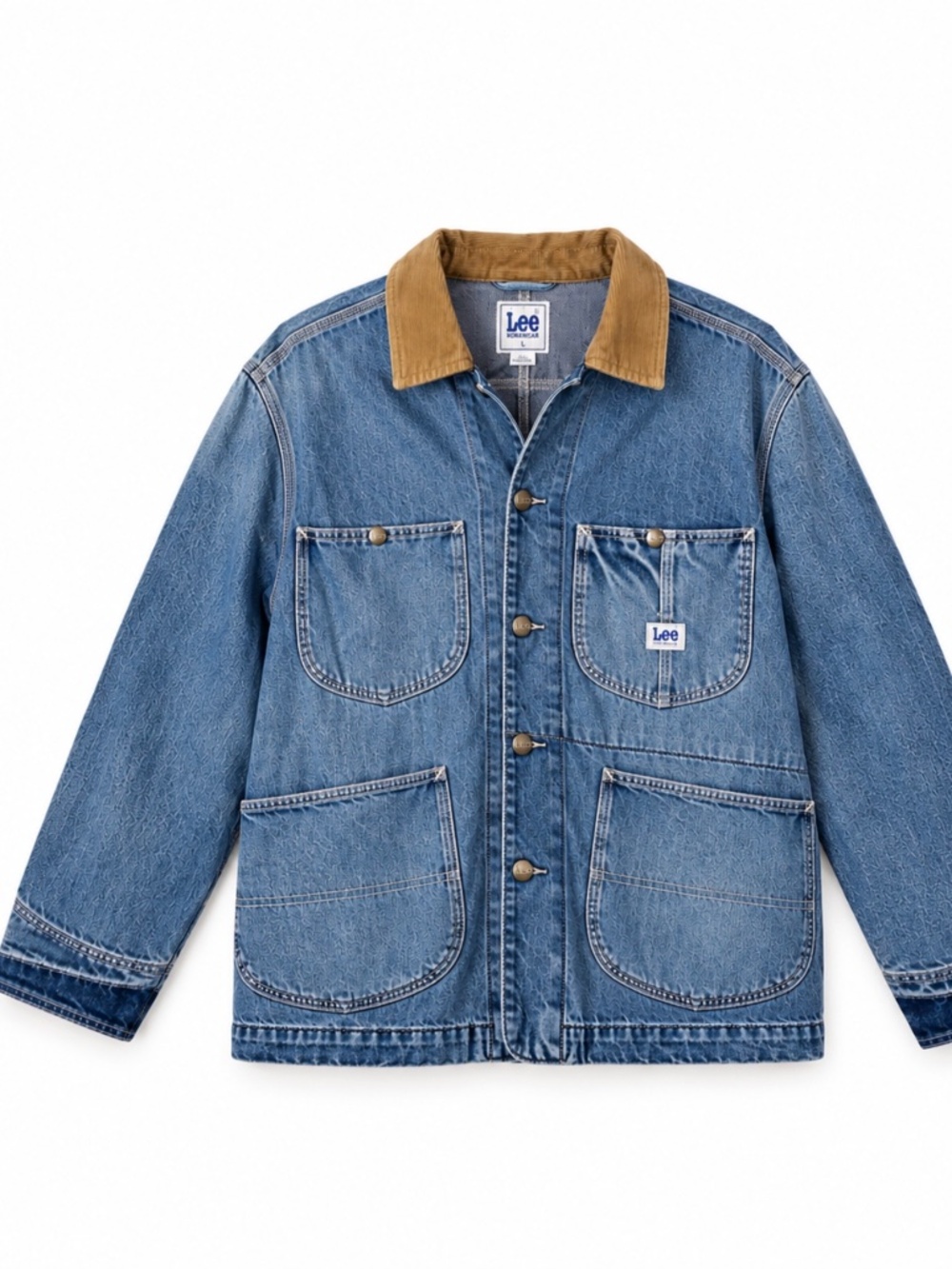 Lee Workwear Denim Chore Coat Jacket Mens L Blue Corduroy Collar 4 Pocket 1889